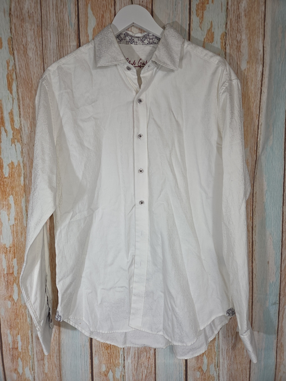 Robert Graham White Long-Sleeve Dress Shirt with Patterned Trim. Size Large
